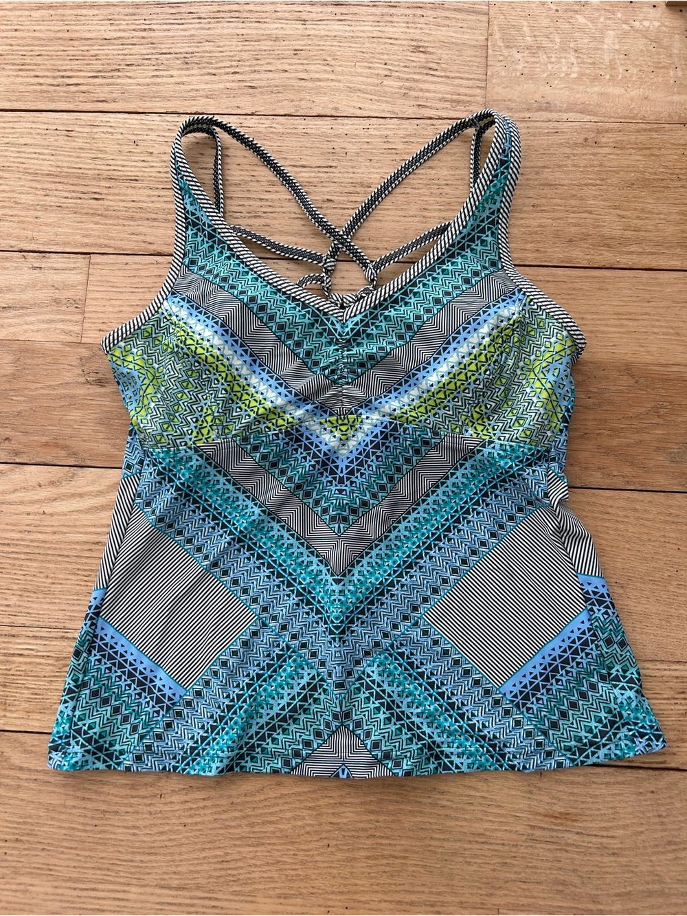Prana Teal Blue Green Geometric Strappy Tankini